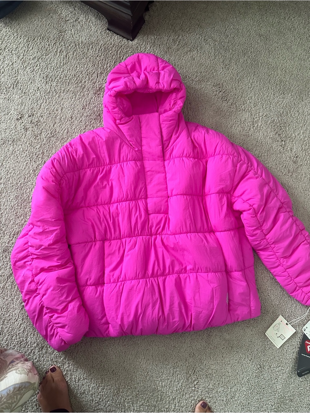 Free People Hot Pink Quilted Hooded Puffer Jacket